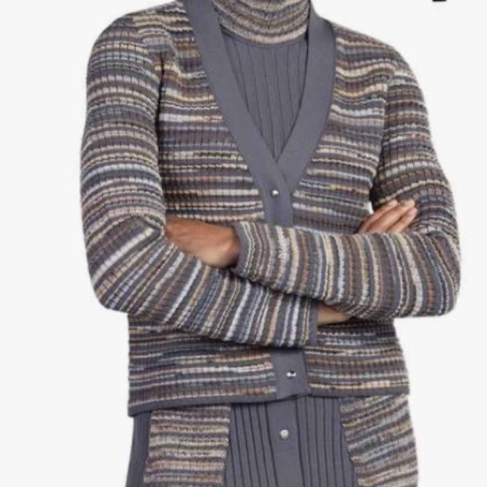 PXG Women’s Open Knit Striped Cardigan in Multi Gray Sz L